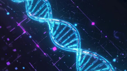 Bright neon dna helix spirals in motion against a futuristic digital background - Powered by Adobe
