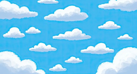 Cartoon fluffy clouds floating in the bright blue sky dreamy background
