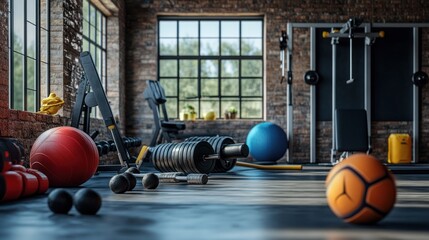 A modern and spacious indoor gym with weights and exercise equipment ready