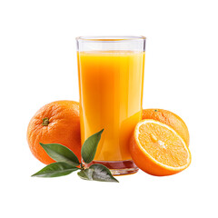 A tall glass filled with vibrant orange juice is surrounded by fresh whole and halved oranges with green leaves isolated on transparent background