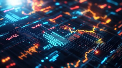 Obraz premium Highly detailed digital financial data visualization with colorful charts and graphs on dark background