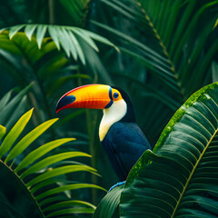 Fototapeta premium Toucan with colorful beak in tropical foliage