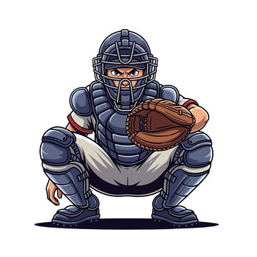 Cartoon baseball catcher in a crouched position, ready to receive a pitch.