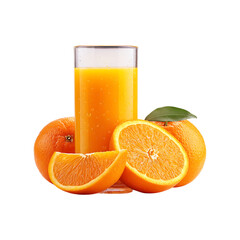 Refreshing glass of fresh orange juice surrounded by whole and sliced oranges with a green leaf isolated on transparent background