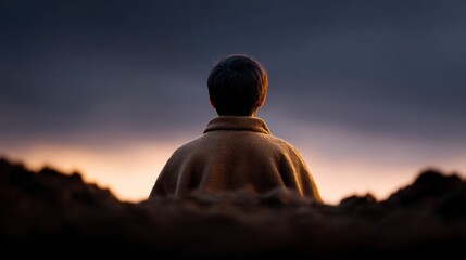 A young person stands with their back to the camera looking towards a twilight sky
