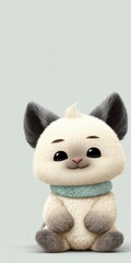 Adorable fluffy cartoon cat wearing a light blue scarf sitting patiently