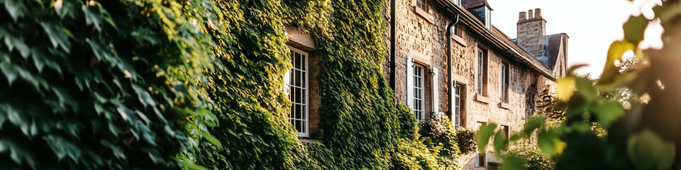 Fototapeta premium Ivy-Covered Stone Building with White Windows