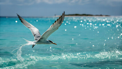 Naklejka premium Tern diving into turquoise sea water