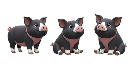 Three Adorable Cartoon Pigs Poses Standing Sitting and Sitting Profile.