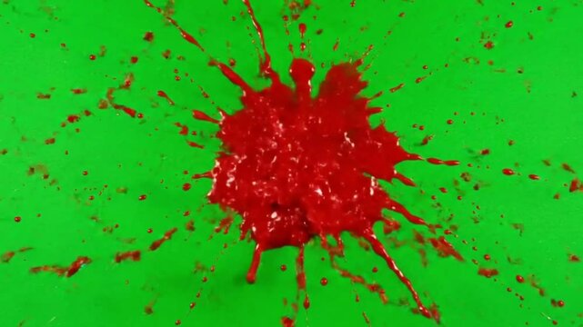 A video depicts a blood splatter effect. Red liquid is splattered against a green screen background.

