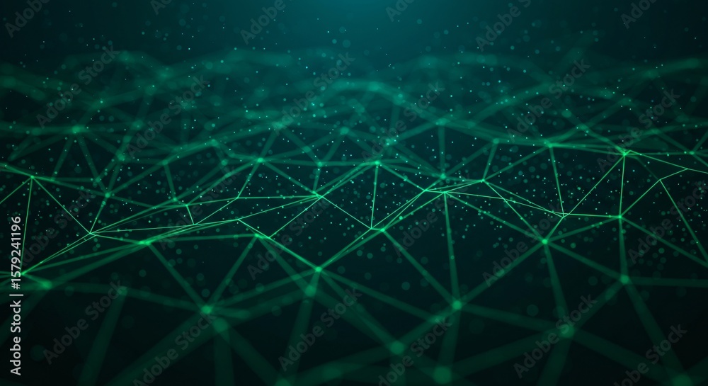 Poster a digital network with green lines and dots connecting in a complex abstract pattern on a dark backg