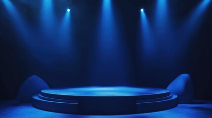 Empty dark blue stage with spotlights