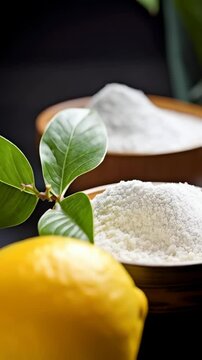 Lemon and baking soda in wooden bowls, featuring green leaves against a dark background in a balanced, eye-catching composition.