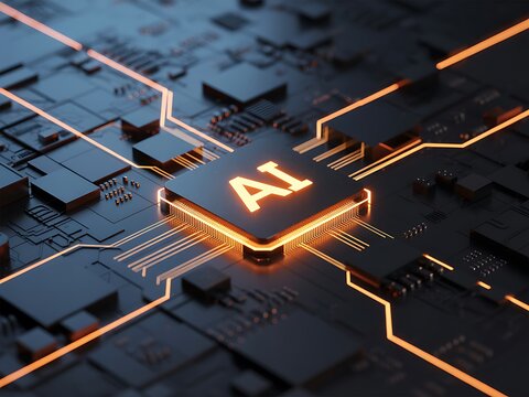 Glowing A I chip on a dark circuit board with orange light - Powered by Adobe