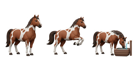 Three Brown and White Pinto Horses in Different Poses Drinking Water.