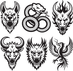 Fototapeta premium Set of six fierce mythical and wild animal heads in a black and white tattoo style. 