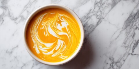 A close up overhead view of a bowl of vibrant orange soup swirled with white cream on a marble surface