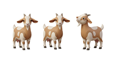 Three Cartoon Goats with Brown and White Markings in Various Poses.