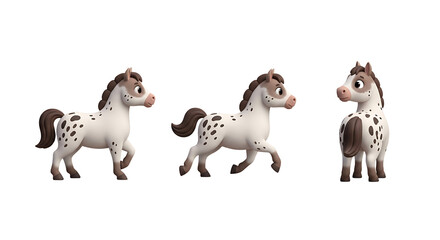 Three cartoon horses with brown spots manes and tails in different poses.