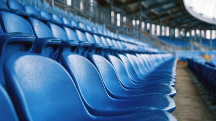 High-quality photo of empty blue plastic stadium seats in a sports arena , stadium, seats, bleachers, audience, spectators, sports, event, arena.