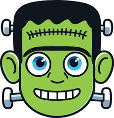  Cute Cartoon Frankenstein Monster Head Illustration Friendly Green Character with Stitches and Bolts, Perfect for Halloween Designs, Kids' Projects, and Spooky Fun