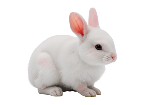 Fluffy white rabbit with pink ears sitting still, soft fur, adorable expression, white background only.