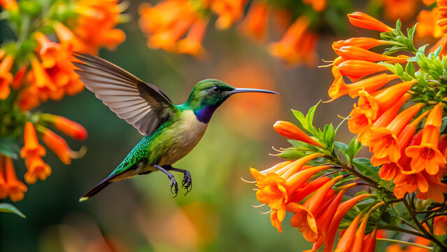 Sunbird hovering near orange trumpet flowers