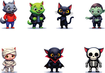 Cute Cartoon Halloween Characters, Wolf, Mummy, Vampire Cat, Zombie, Skeleton