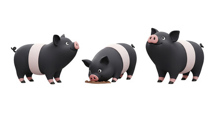 Three Cartoon Pigs with White Stripes in Playful Pose.