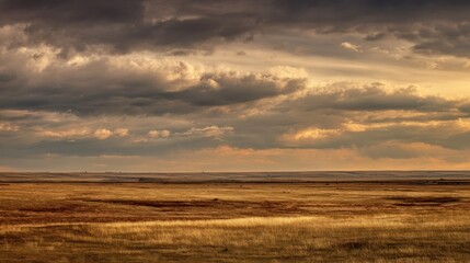Fototapeta premium Dramatic storm clouds gather over a golden prairie landscape at sunset casting long shadows across the dry grass and rolling hills