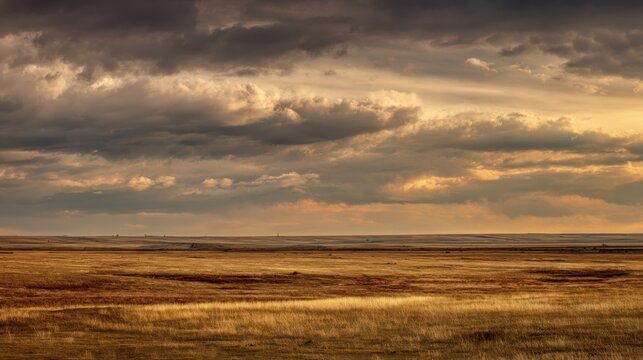 Dramatic storm clouds gather over a golden prairie landscape at sunset casting long shadows across the dry grass and rolling hills