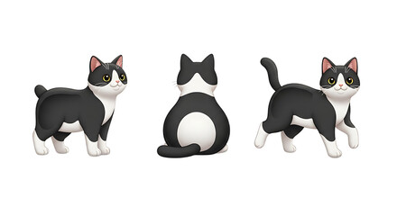 Three cartoon tuxedo cats in different poses standing sitting and walking.
