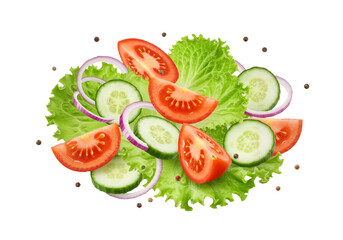 Floating healthy salad mix with vegetables and greens, no plate, isolated cleanly on white background, PNG format