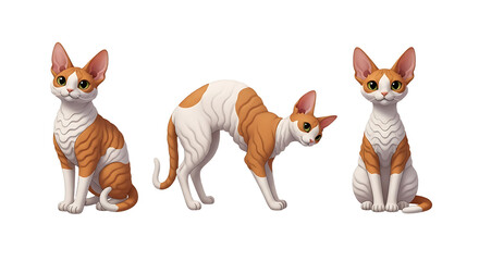 Three Cornish Rex Cats Sitting Stretching and Posing with Orange and White Fur.