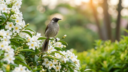 Obraz premium Bulbul perched on blooming jasmine bush