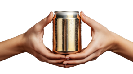 Hands with golden aluminum beer cans isolated on a white transparent background
