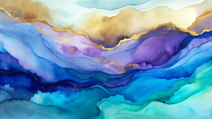 Fluid elegance with watercolor paints creating an abstract ocean with gold accents and soothing hues for modern aesthetic decor.