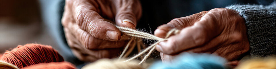 Elderly Hands Working with Yarn and Balls of Yarn