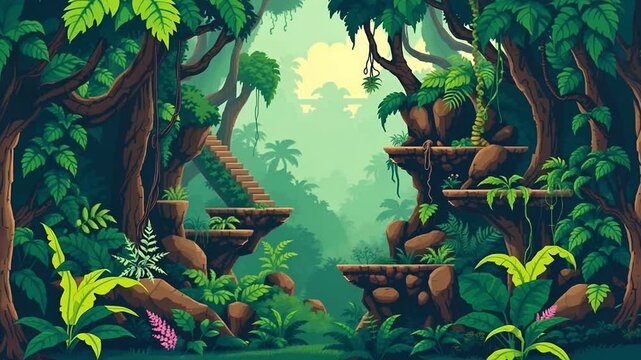 8 bit 2D Video Game Background. 8-bit Pixel Art Retro Platformer Game Scene. Lush Jungle Paradise: Stairway to Hidden Wonders, Video Game Animation