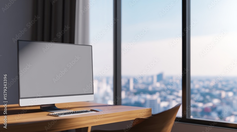Poster modern workspace featuring a sleek computer setup with a city skyline view in the background