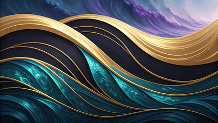 Abstract waves cascade with golden accents, flowing smoothly in shades of teal, navy, and violet creating a visually striking texture.
