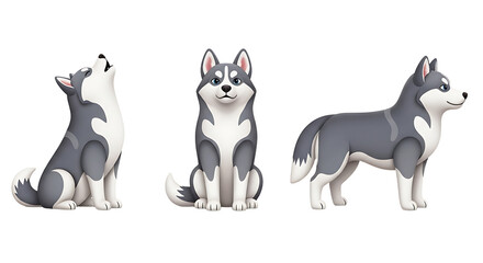 Three Cute Siberian Huskies in Different Poses.