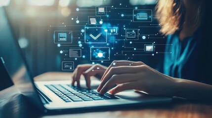 Woman working on a laptop with digital icons