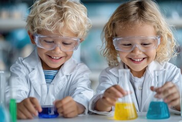 Two children in white lab coats and safety goggles are conducting experiments with test tubes, beakers of different colors filled with various items