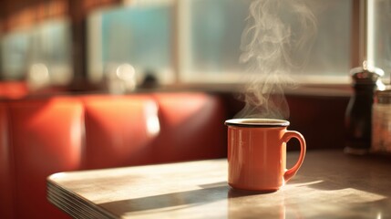 High-quality photo of steaming coffee cup in classic diner setting evokes warmth and nostalgia.