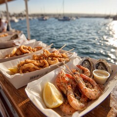Delicious Seafood Platter with Calamari Shrimp and Oysters by the Water