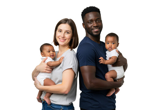 Mixed-race couple holding baby, standing close together, smiling gently, isolated on white background, PNG format