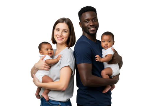 Mixed-race couple holding baby, standing close together, smiling gently, isolated on white background, PNG format