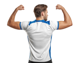 Back view of young caucasian man wearing white and royal blue sports jersey against white background