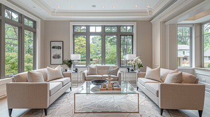 Transitional living room with soft taupe walls, crown molding, neutral-toned furniture, and a modern glass coffee table.
